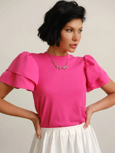 Damen Oberteil mit voluminösen Rüschendetails und feinem Rippmuster Heidi-Mode