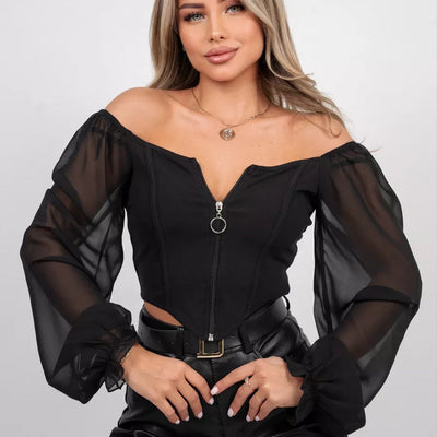 Damen Bluse mit Puffärmeln aus chiffonähnlichem Stoff und quadratischem Ausschnitt Heidi-Mode