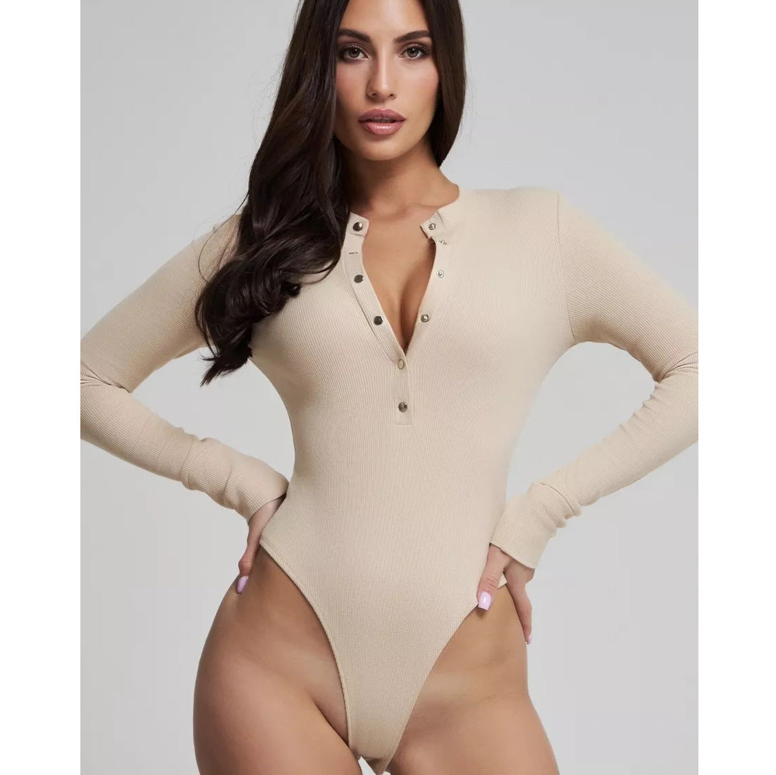 Damen langärmeliger Bodysuit mit Knopfdetails und tiefem Ausschnitt Heidi-Mode