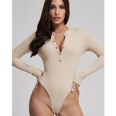 Damen langärmeliger Bodysuit mit Knopfdetails und tiefem Ausschnitt Heidi-Mode