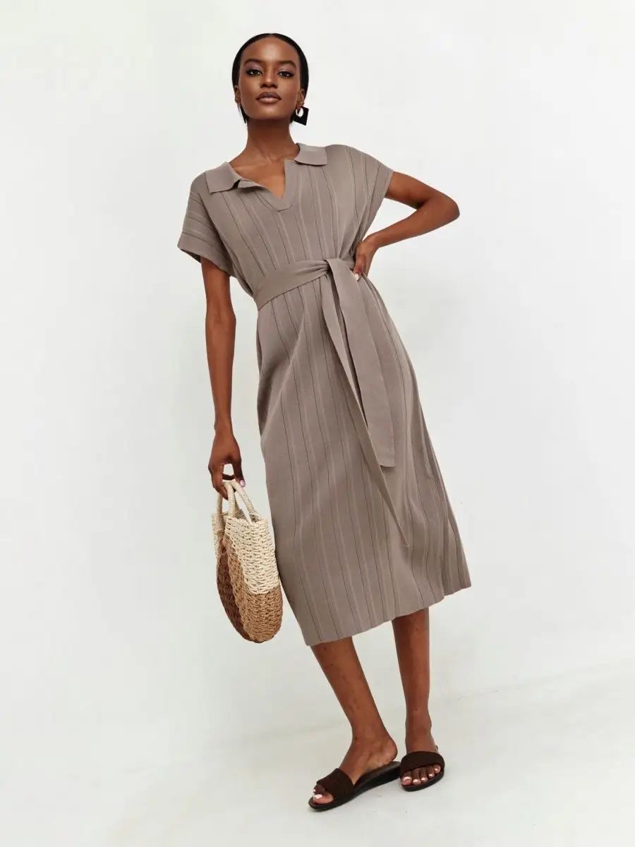 Damen Midi-Kleid mit schickem Kragen und Taillengürtel Heidi-Mode