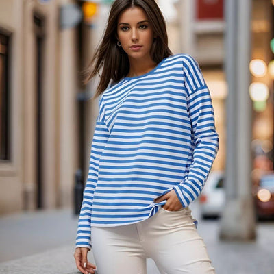 Damen lässiges Streifenoberteil mit weitem Schnitt und langen Ärmeln Heidi-Mode