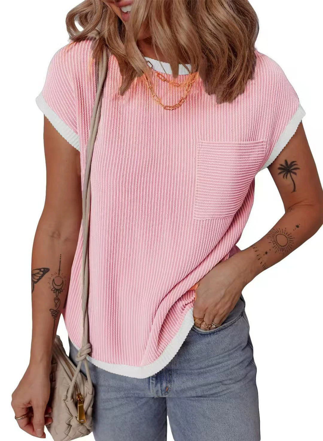 Damen lässiges Kurzarmshirt mit feiner Rippstruktur und praktischer Brusttasche Heidi-Mode
