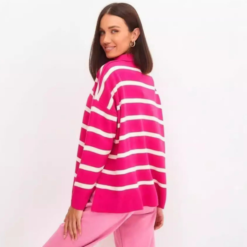Damen lässiger Strickpullover mit klassischem Polokragen und modischem Streifenmuster Heidi-Mode
