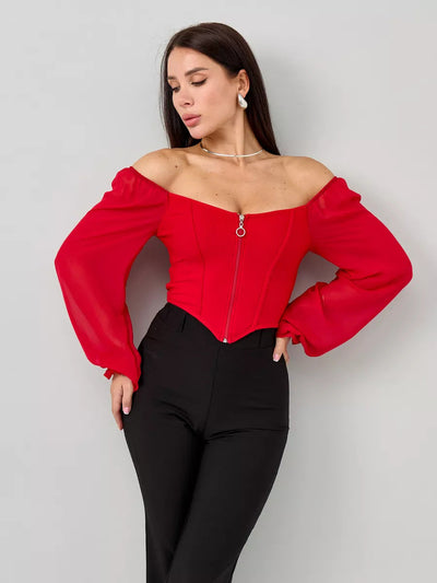 Damen Bluse mit Puffärmeln aus chiffonähnlichem Stoff und quadratischem Ausschnitt Heidi-Mode