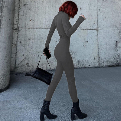 Damen Bodycon Einteiler mit tiefem V-Ausschnitt und langen Ärmeln Heidi-Mode