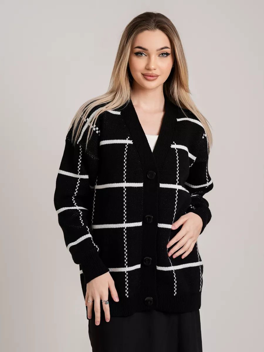 Damen lässiger Karoknitter-Cardigan mit Knöpfen und weitem Schnitt Heidi-Mode