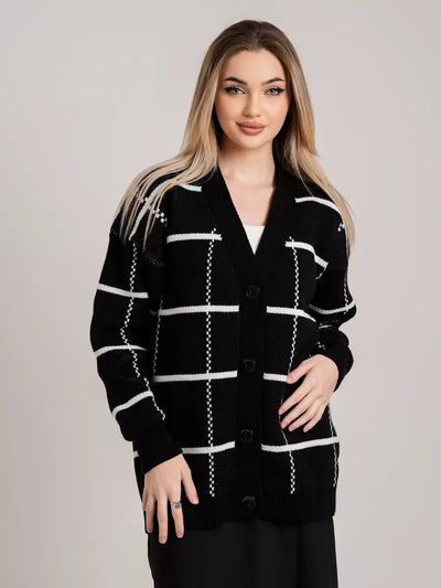 Damen lässiger Karoknitter-Cardigan mit Knöpfen und weitem Schnitt Heidi-Mode