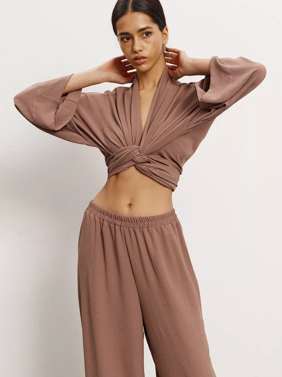 Damen eleganter Kimono-Style Morgenmantel mit stilvollem Gürtel und langen Ärmeln Heidi-Mode