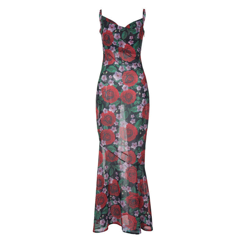 Damen Maxi-Kleid mit floralen Muster und raffiniertem Spaghettiträger Heidi-Mode
