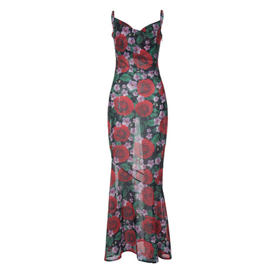 Damen Maxi-Kleid mit floralen Muster und raffiniertem Spaghettiträger Heidi-Mode