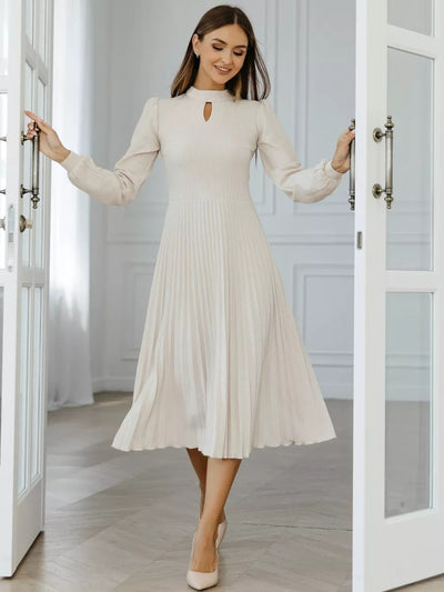 Damen elegantes Midi-Kleid mit Plisseedetails und Stehkragen Heidi-Mode