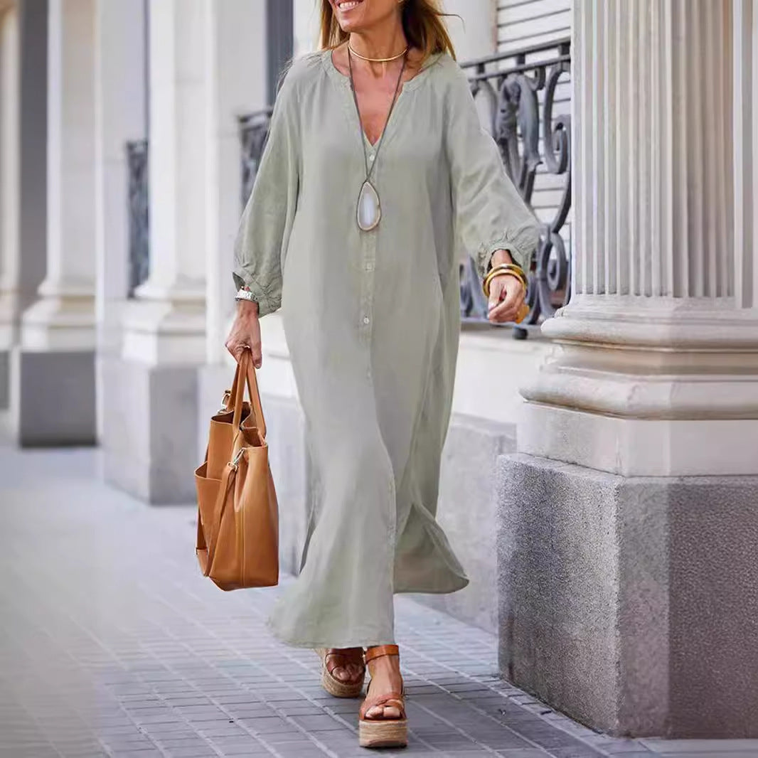 Damen Langarm-Linnenkleid mit Knopfleiste und seitlichen Schlitzen Heidi-Mode