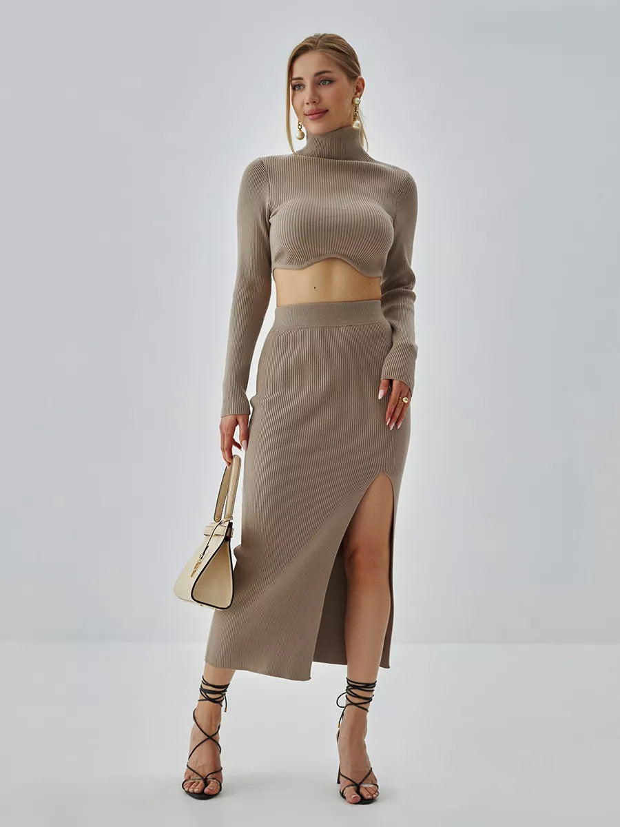 Damen Strick-Oberteil und Midi-Rock Set mit hohen Schlitz-Details Heidi-Mode