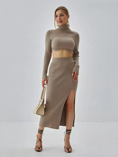 Damen Strick-Oberteil und Midi-Rock Set mit hohen Schlitz-Details Heidi-Mode
