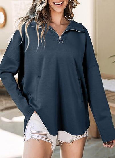 Damen bequemer Oversized Pullover mit Halb-Reißverschluss und praktischen Taschen Heidi-Mode