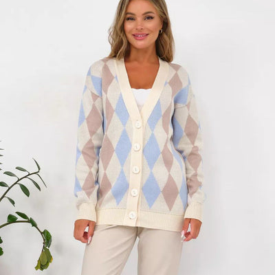 Damen kuscheliger Cardigan mit Rautenmuster und Knopfverschluss Heidi-Mode