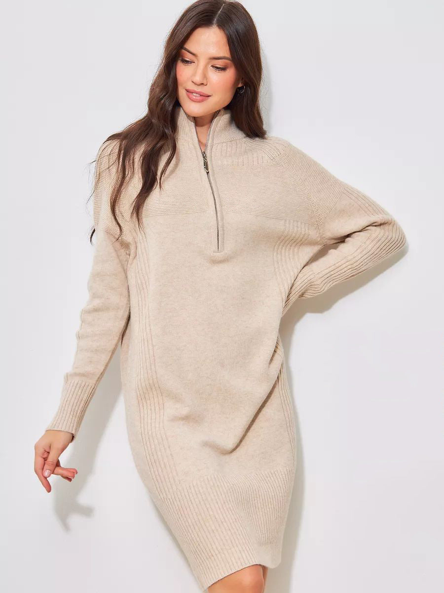 Damen Strickkleid mit kurzem Reißverschluss und lässigem Raglan-Schnitt Heidi-Mode