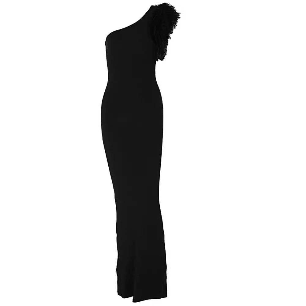 Damen elegantes, schulterfreies Abendkleid mit Federn Heidi-Mode