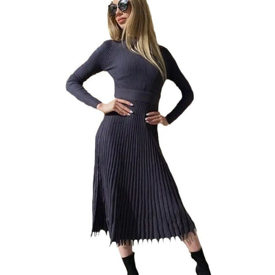 Damen elegantes Strickkleid mit feiner Rippstruktur und asymmetrischem Saum Heidi-Mode