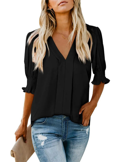 Damen elegante Bluse mit V-Ausschnitt und Rüschendetails Heidi-Mode