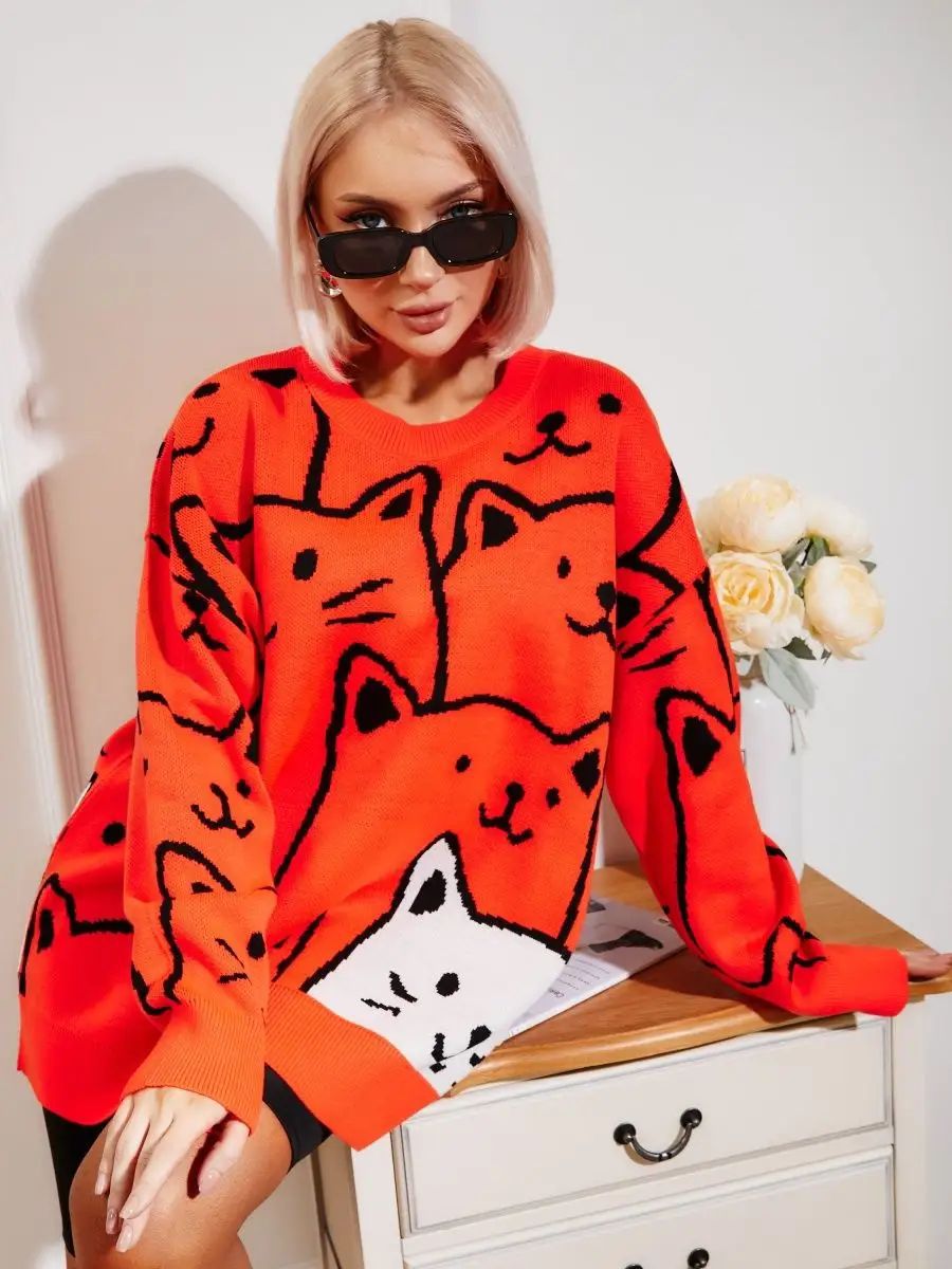 Damen stylischer Pullover mit Katzenmotiv und lässigem Schnitt Heidi-Mode