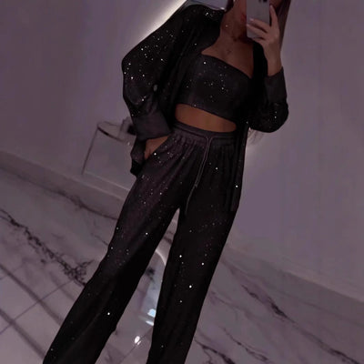Damen Glitzerndes Lounge-Set mit modischer Jacke und komfortabler Hose Heidi-Mode