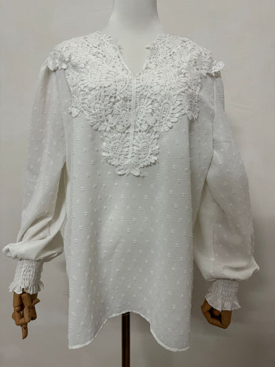 Damen Spitzenbluse mit V-Ausschnitt und langen Puffärmeln Heidi-Mode
