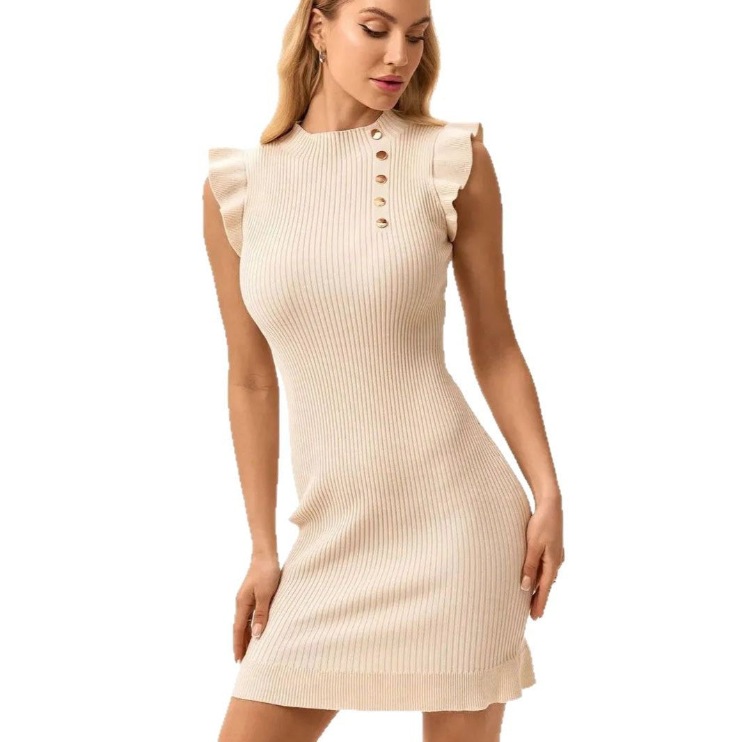 Damen Strickkleid mit Rüschen und Knopfdetaillierung Heidi-Mode