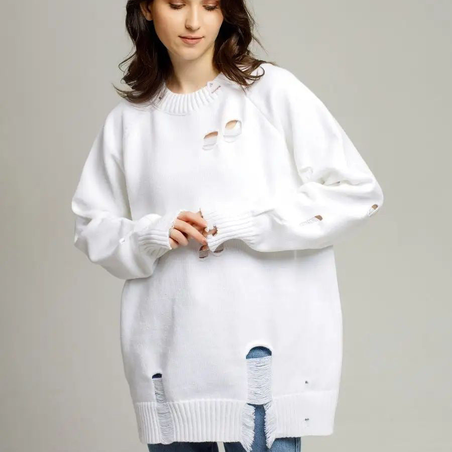 Damen Oversized Strickpullover mit Fransen und Loch-Design Heidi-Mode