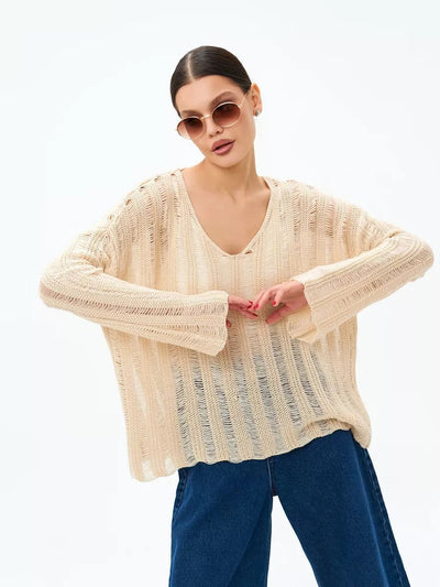 Damen Übergröße Pullover aus leichtem Strickmaterial mit raffiniertem Lochmuster Heidi-Mode