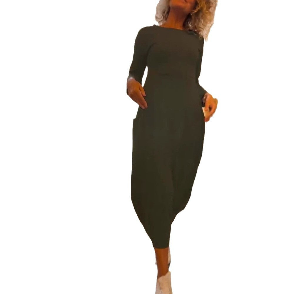 Damen Midi-Kleid mit asymmetrischem Saum und praktischen Taschen Heidi-Mode