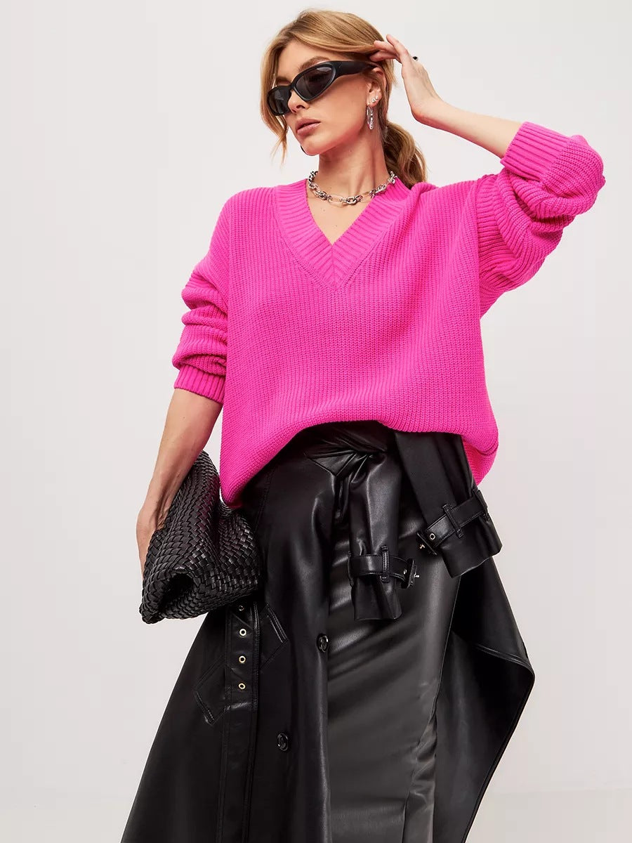 Damen lässiger Strickpullover mit V-Ausschnitt und übergroßen Ärmeln Heidi-Mode