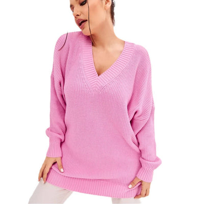Damen lässiger Strickpullover mit V-Ausschnitt und übergroßen Ärmeln Heidi-Mode
