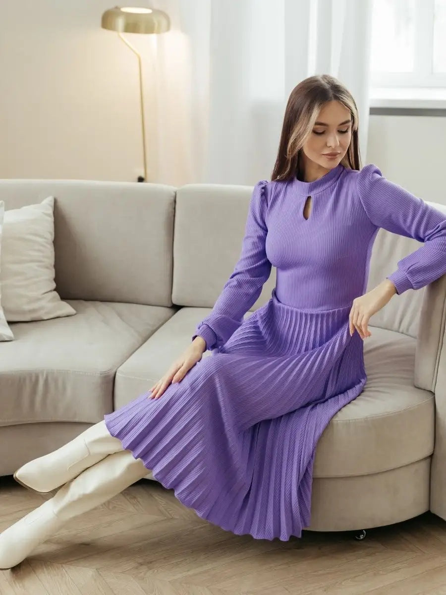 Damen elegantes Midi-Kleid mit Plisseedetails und Stehkragen Heidi-Mode