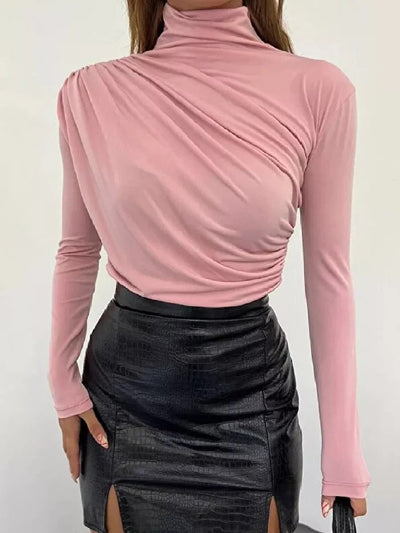 Damen Langarm Shirt mit elegantem Stehkragen und raffiniertem Drapé Heidi-Mode