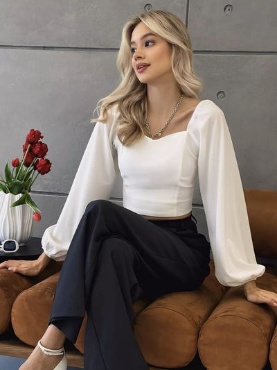 Damen cropped Bluse mit quadratischem Ausschnitt und voluminösen Ärmeln Heidi-Mode