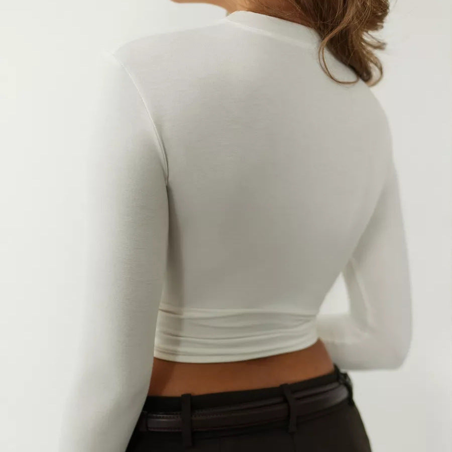 Damen figurbetontes Longsleeve-Oberteil mit Knoten-Design und Schlüssel-Ausschnitt Heidi-Mode