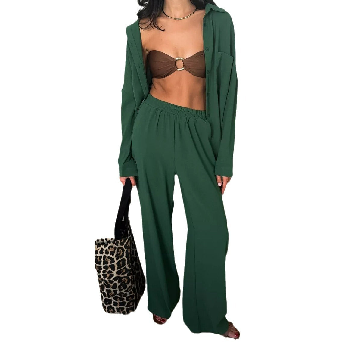 Damen lockerer Leinen-Hosenset mit eleganter Bluse und elastischem Bund Heidi-Mode