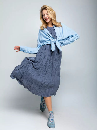 Damen lässiges Midikleid aus leichtem Stoff mit Faltenwurf und kurzem Arm Heidi-Mode