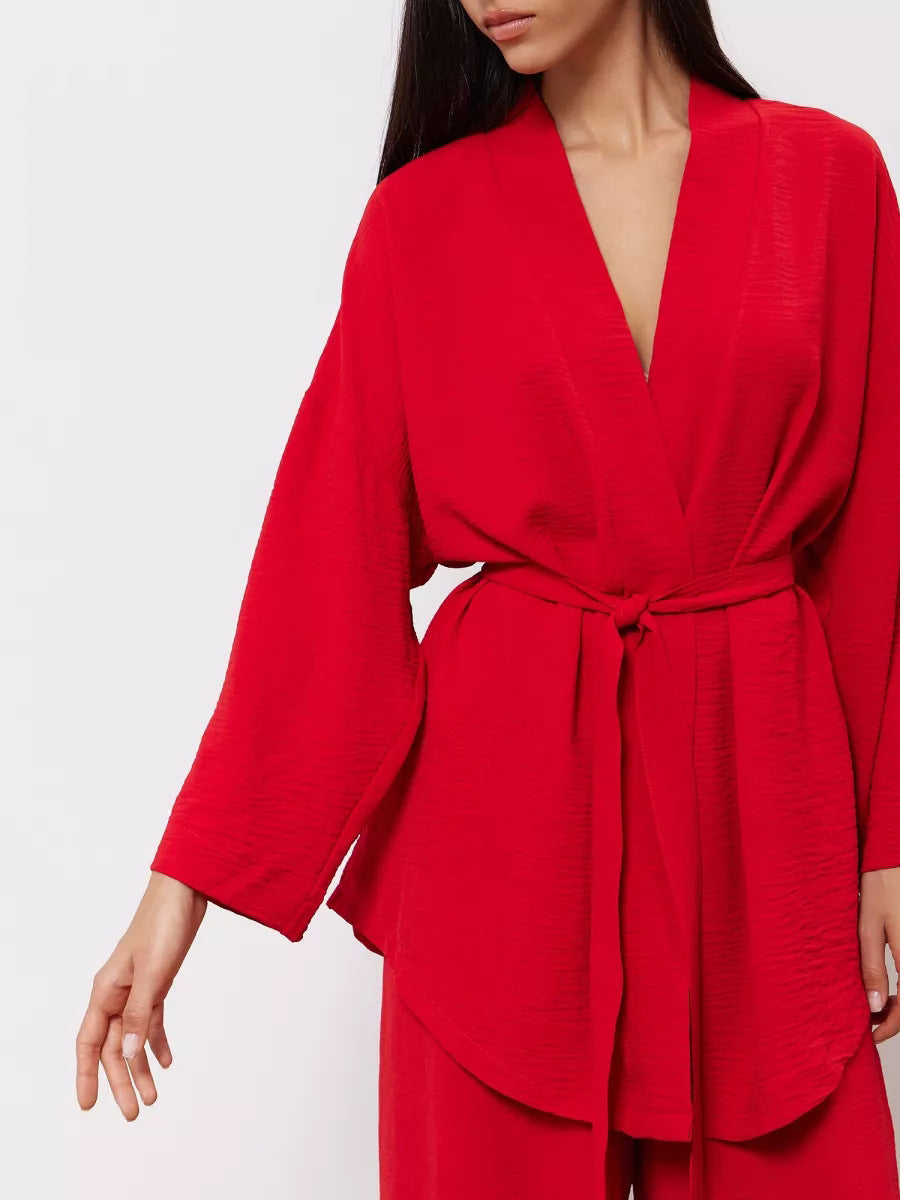 Damen eleganter Kimono-Style Morgenmantel mit stilvollem Gürtel und langen Ärmeln Heidi-Mode