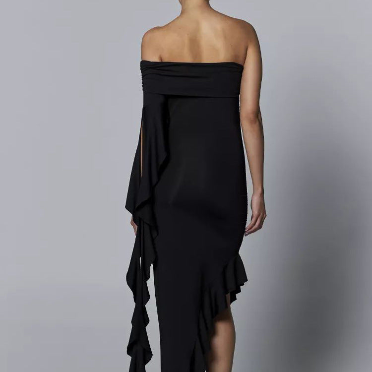 Damen elegantes Etuikleid mit asymmetrischem Ausschnitt und Rüschendetails Heidi-Mode