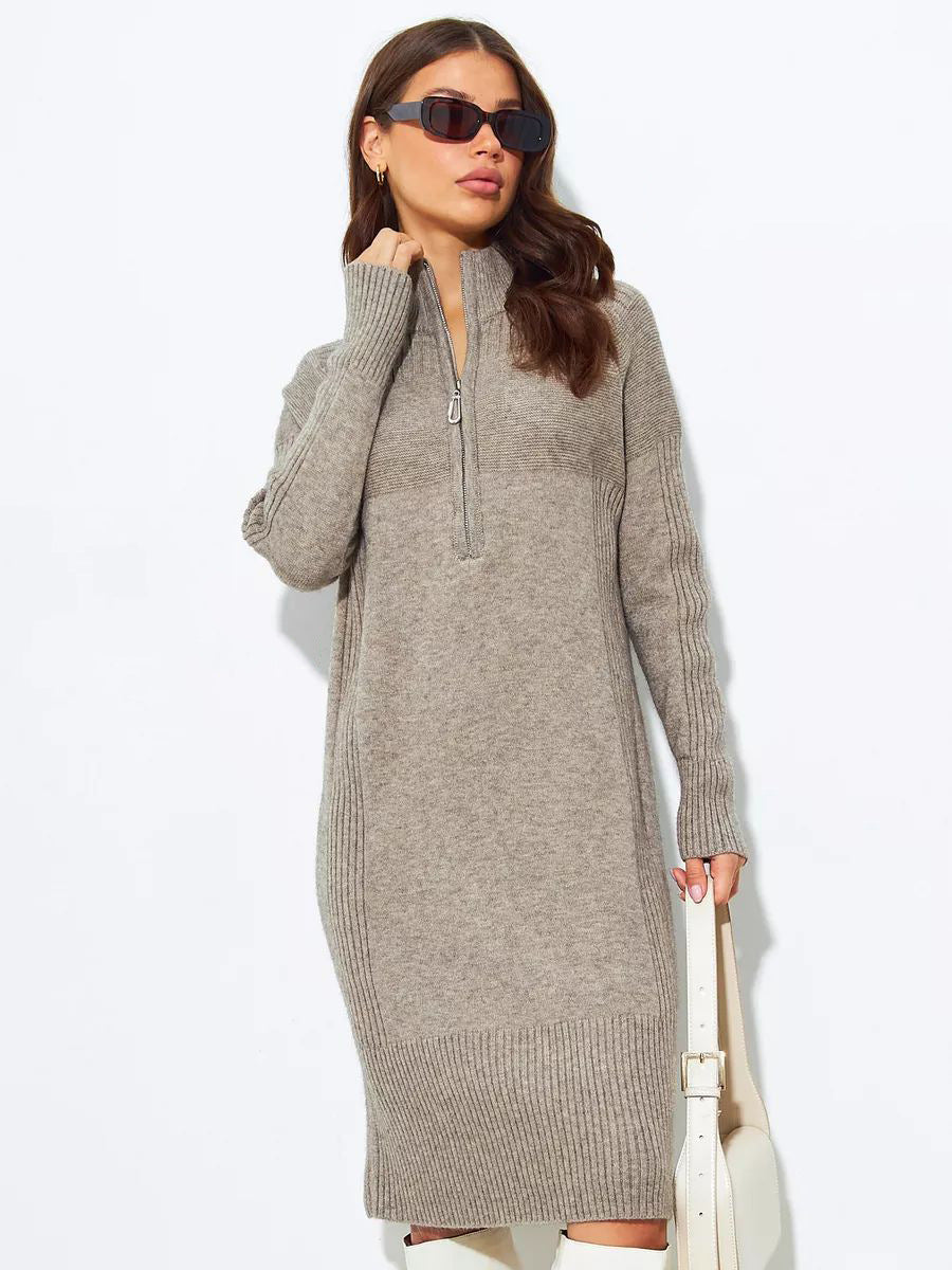 Damen Strickkleid mit kurzem Reißverschluss und lässigem Raglan-Schnitt Heidi-Mode