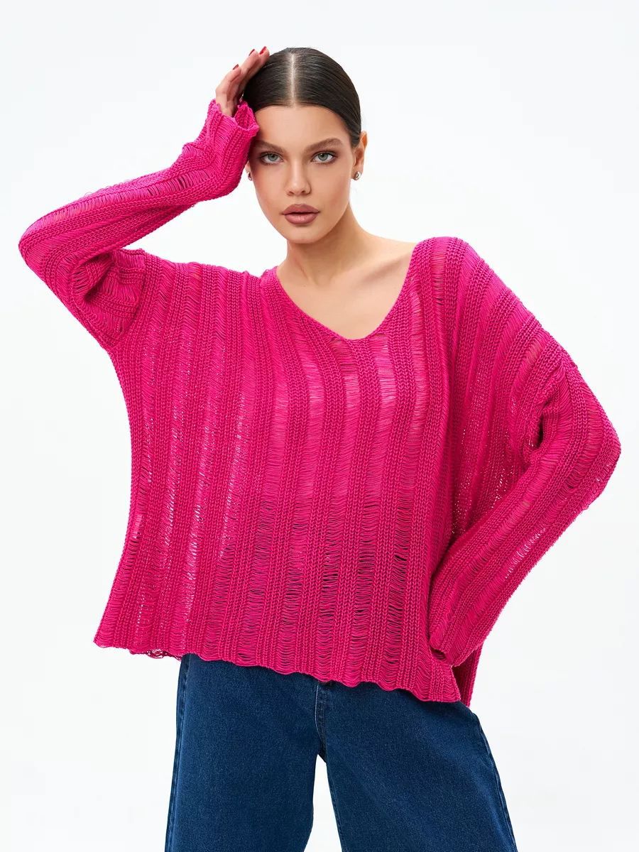 Damen Übergröße Pullover aus leichtem Strickmaterial mit raffiniertem Lochmuster Heidi-Mode