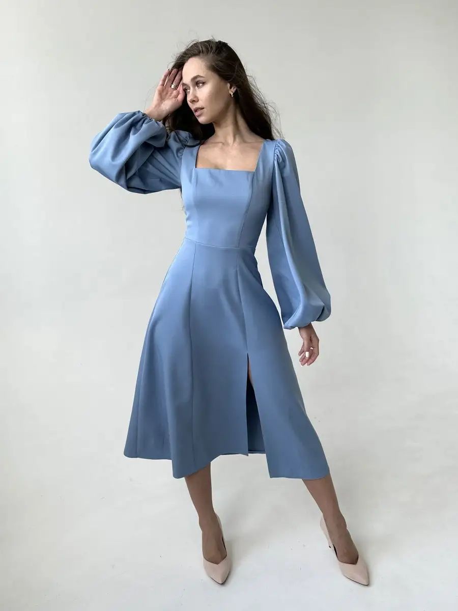 Damen Midikleid mit voluminösen Ärmeln und elegantem V-Ausschnitt Heidi-Mode