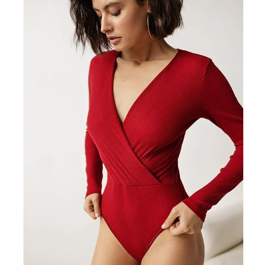 Damen Wickeloberteil mit V-Ausschnitt und detailreicher Rippstruktur Heidi-Mode