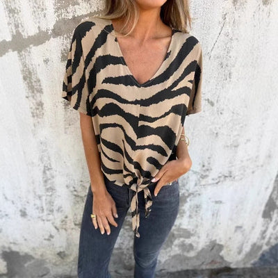 Damen Kurzarmbluse mit modischem Knotendetail und einzigartigem Zebra-Druck Heidi-Mode