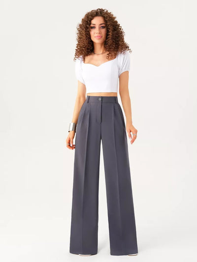 Damen elegantes Wickeloberteil mit voluminösen Ärmeln und hoch taillierten Palazzo-Hosen Heidi-Mode