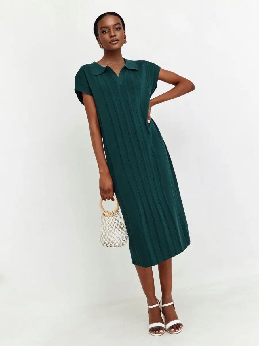 Damen Midi-Kleid mit schickem Kragen und Taillengürtel Heidi-Mode