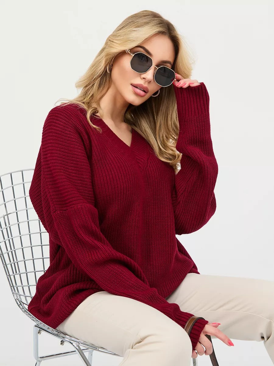 Damen lässiger Strickpullover mit V-Ausschnitt und übergroßen Ärmeln Heidi-Mode